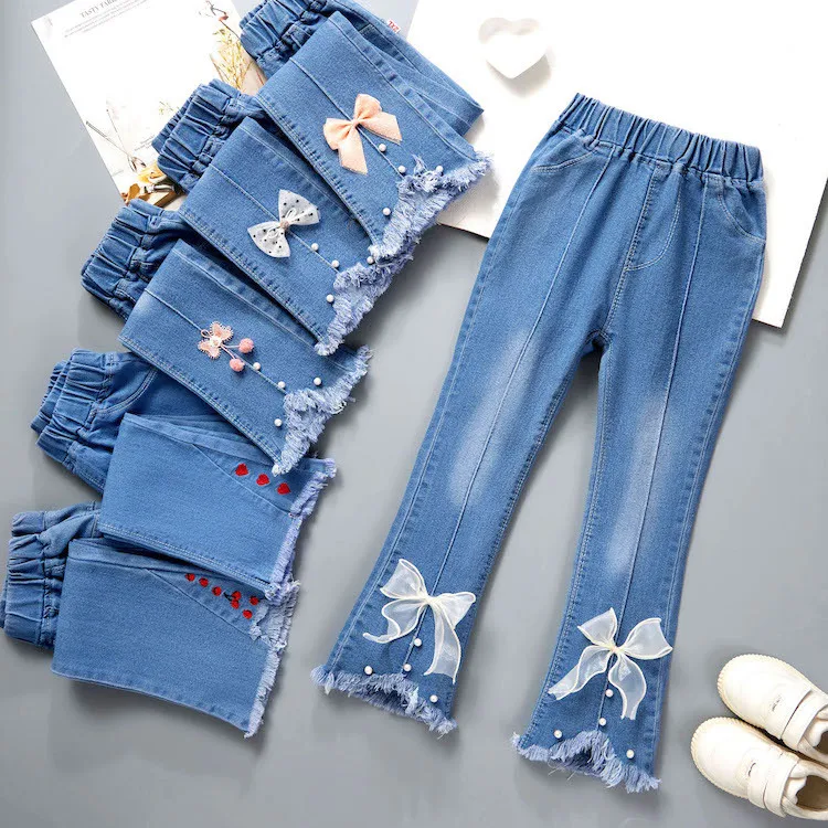 Spot Kids Clothing Wholesale Girls Jeans Spring Autumn Style School Children Wide Leg Pants Baby Horn
