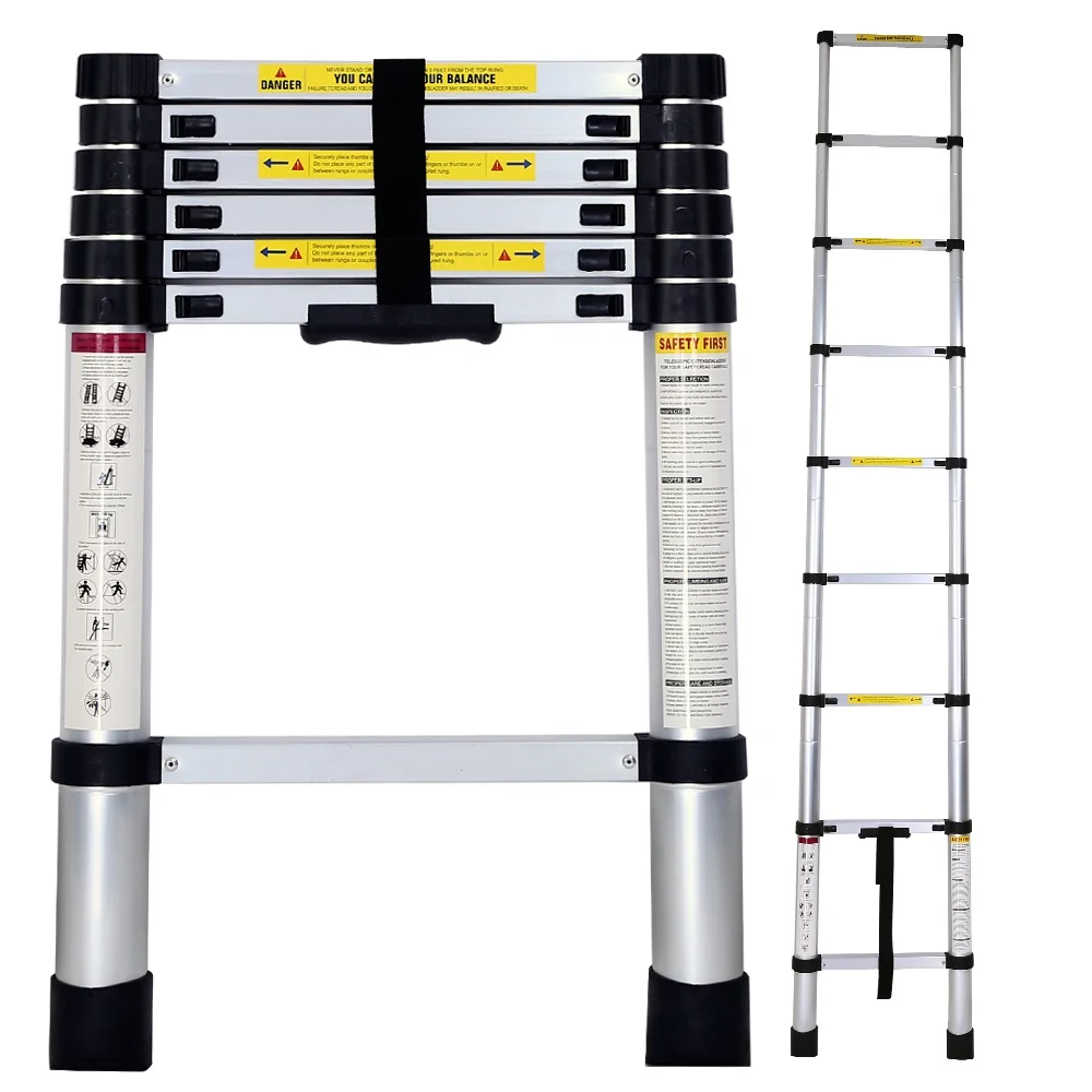 Durable EN131 Certificate 2M Length Telescopic Ladder Aluminum 550LBS Capacity Extension Multi-Purpose Folding Ladder