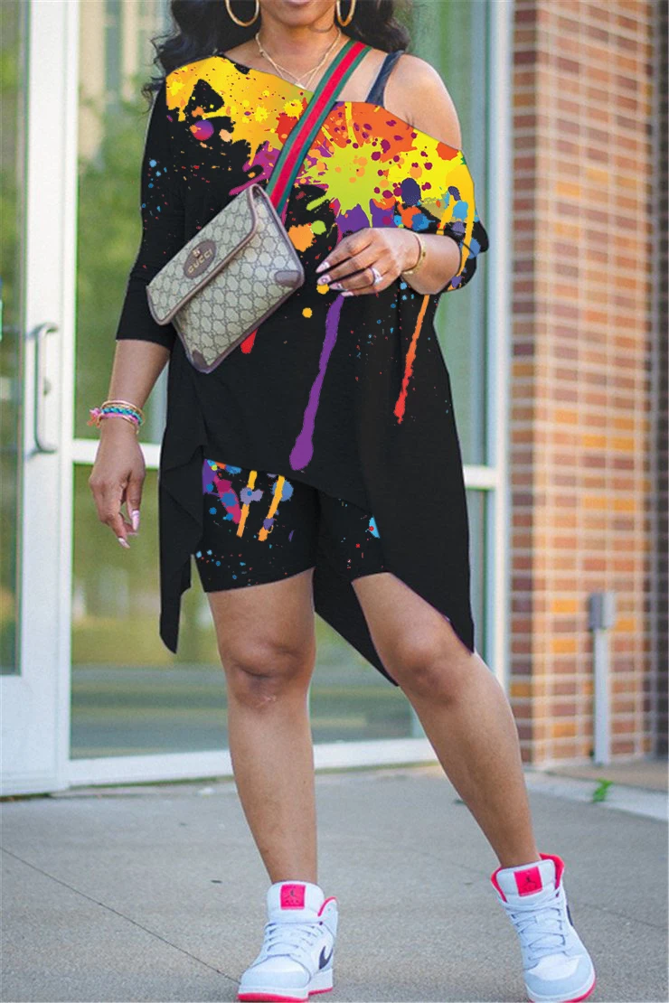 
2021 New Summer Women Casual Suit Positioning Ink-Splash Printing Diagonal Shoulder Two-Piece Set 0309009 