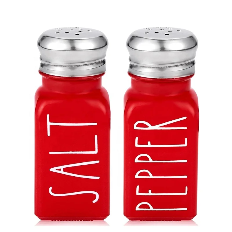 Farmhouse Style Colored Glass Salt and Pepper Shaker Set with Stainless Steel Lids for Home Restaurants