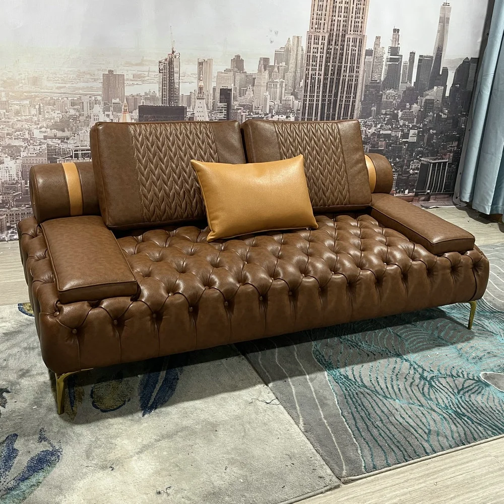 Hotel Lobby Tufted Design Living Room Furniture Buttons Chesterfield 2 Seater Leather Sofa With Golden Metal Legs