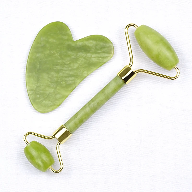 
High Quality Green quartz jade stone roller facial guasha massage tool Green jade roller gua sha with box 