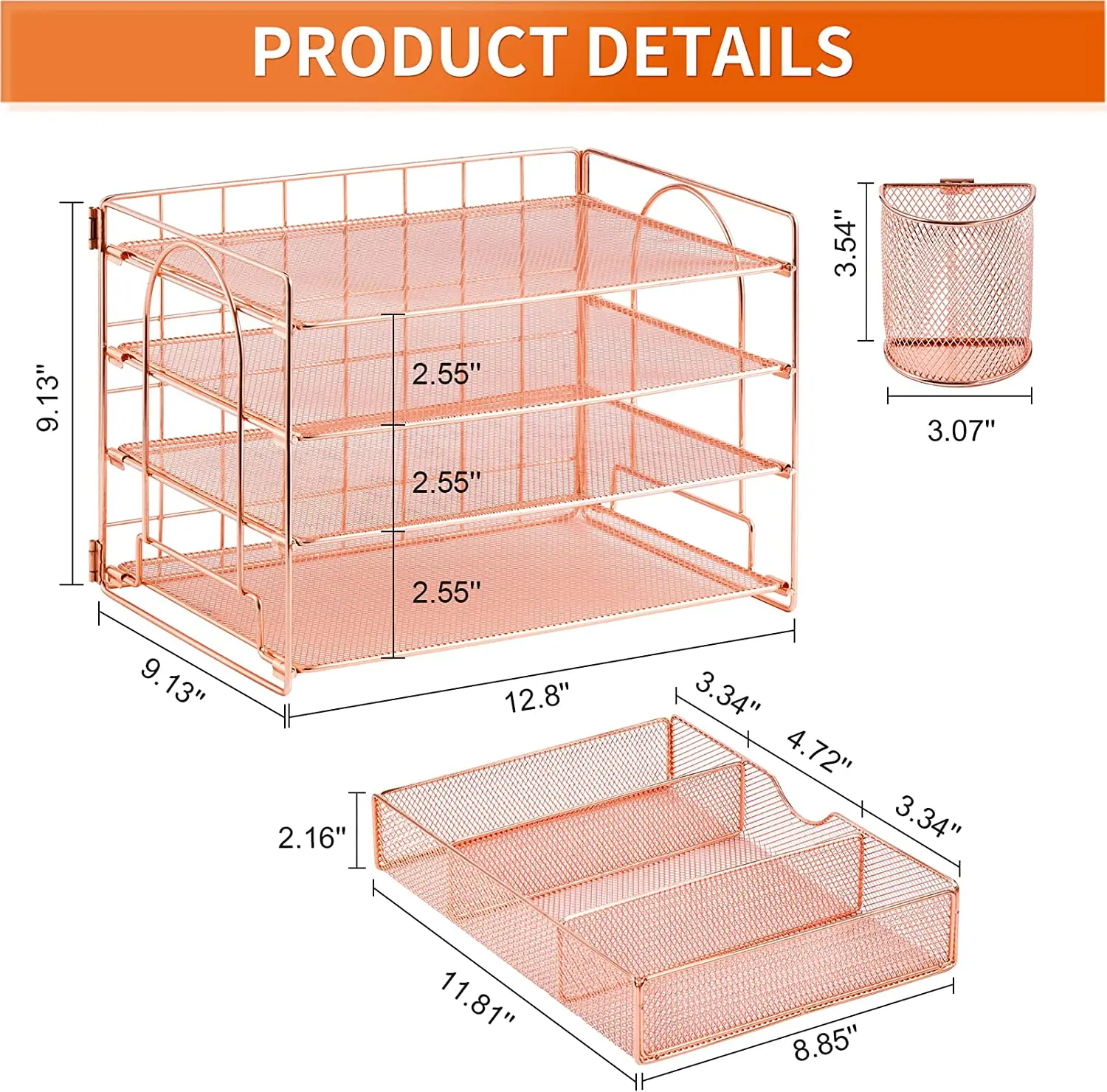 Rose Gold Desk Organizers with Drawer, 4-Trays Desktop File Organizer with Pen Holder  Paper Organizers and Storage for Desk