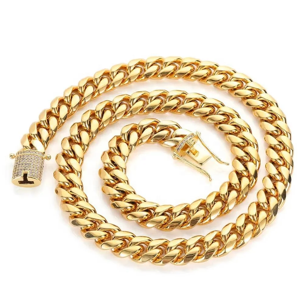 Miami Hip Hop Fashion Jewelry 14K 18K Gold Stainless Steel Zircon Buckle 6-18MM Chunky Cuban Link Chain Necklace for Women Men