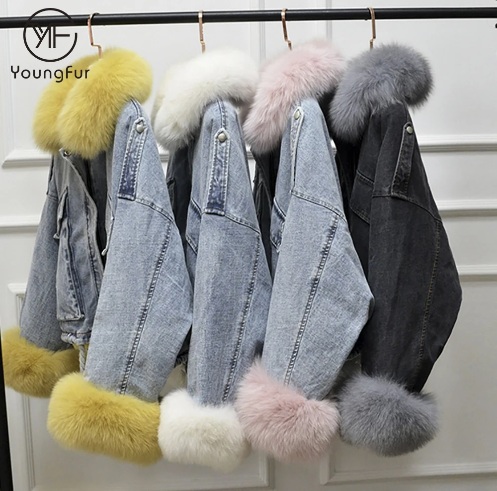 Winter women warm parka real rex rabbit fur lining jean coat with fox fur sleeve cuff black denim jacket
