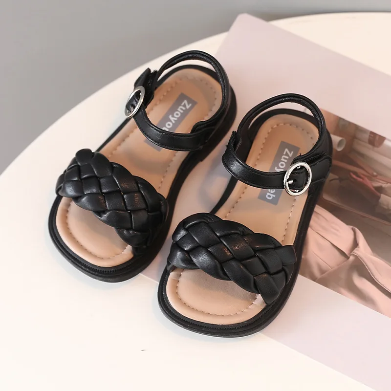 Wholesale Summer 2024 Girls  Flat Sandal Open Toe PU Design Sticker Ankle Strap Anti Slip Kids Sandals