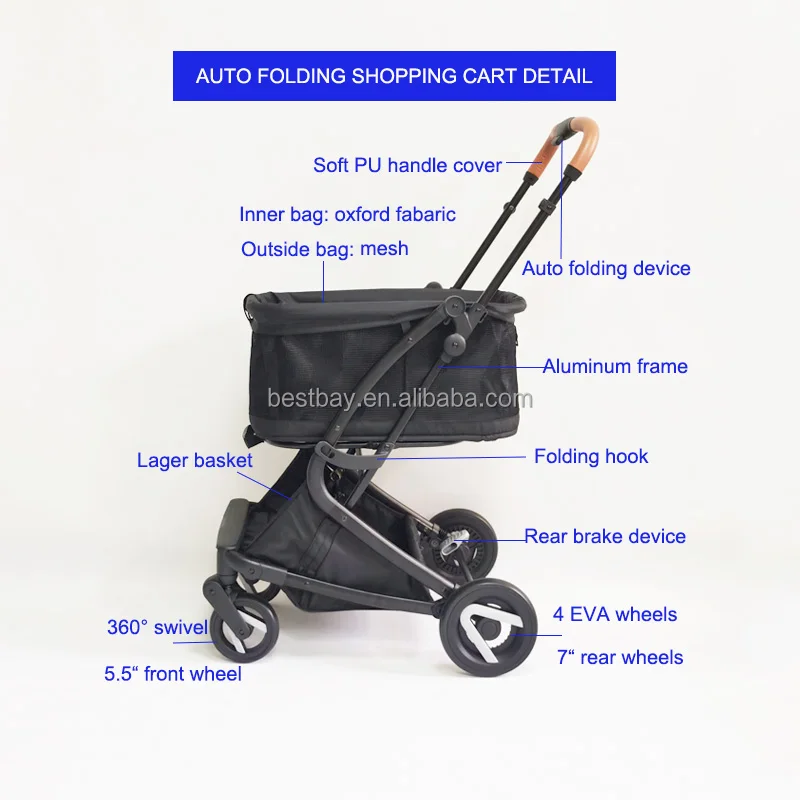 Lightweight Mesh Shopping cart with detachable bag  Easy folding four EVA wheels with rear brake device shopping trolley