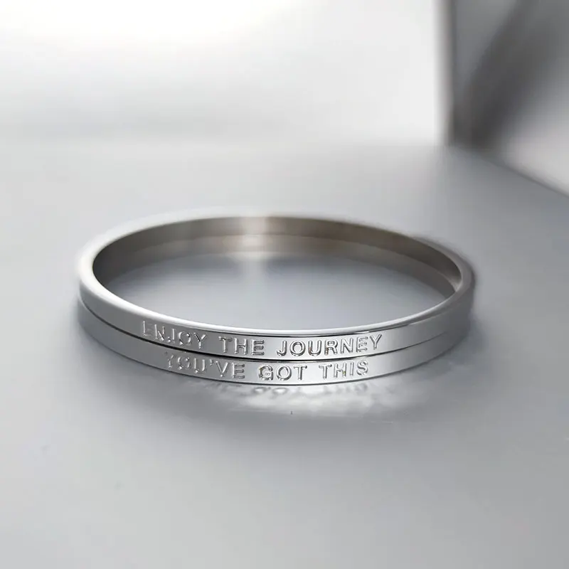 Custom Logo Stacking Full Circle Round Inspirational Engraved Women Stainless Steel Bangle Bracelet