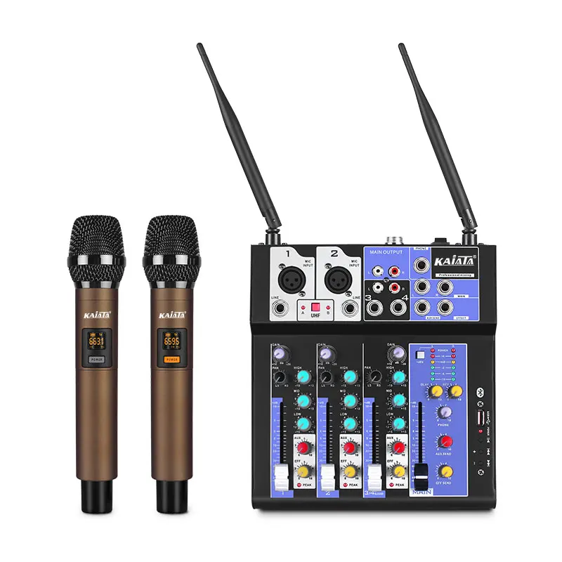KAIKA F4-2W Small Mixer with wireless microphone integrated computer sound card guitar USB 4-channel Audio     mixer