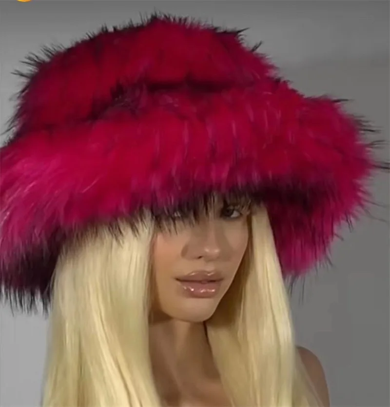 Зимняя теплая шапка из искусственного меха с большими полями женская толстая теплая пушистая шляпа 2023 Новая модная уличная Роскошная плюшевая шляпа-ведро