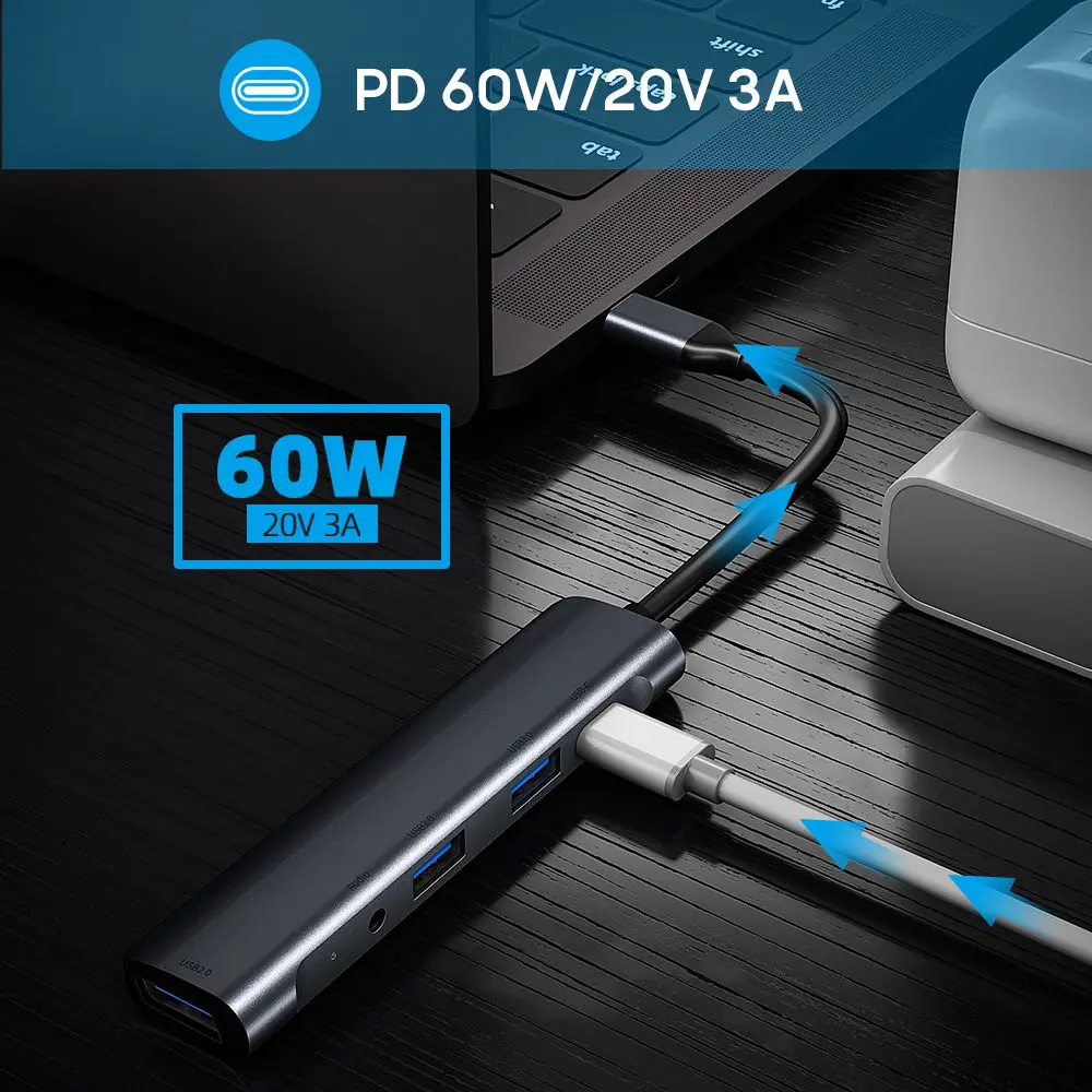 5 In 1 Switch USB C Laptop USB-Por-Hub Mini Usb Por Hub With Power Adapter