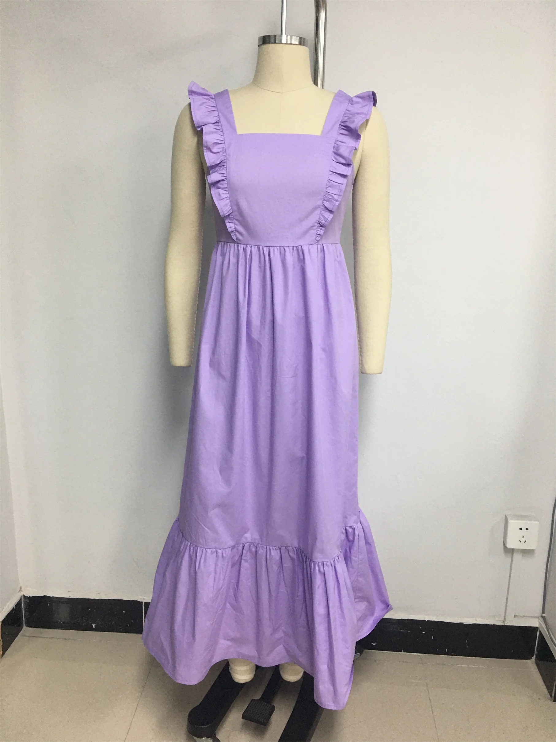 Yunnes Sleeveless with Frill Trim Square Neck Back Concealed Zipper Casual Maxi Dresses