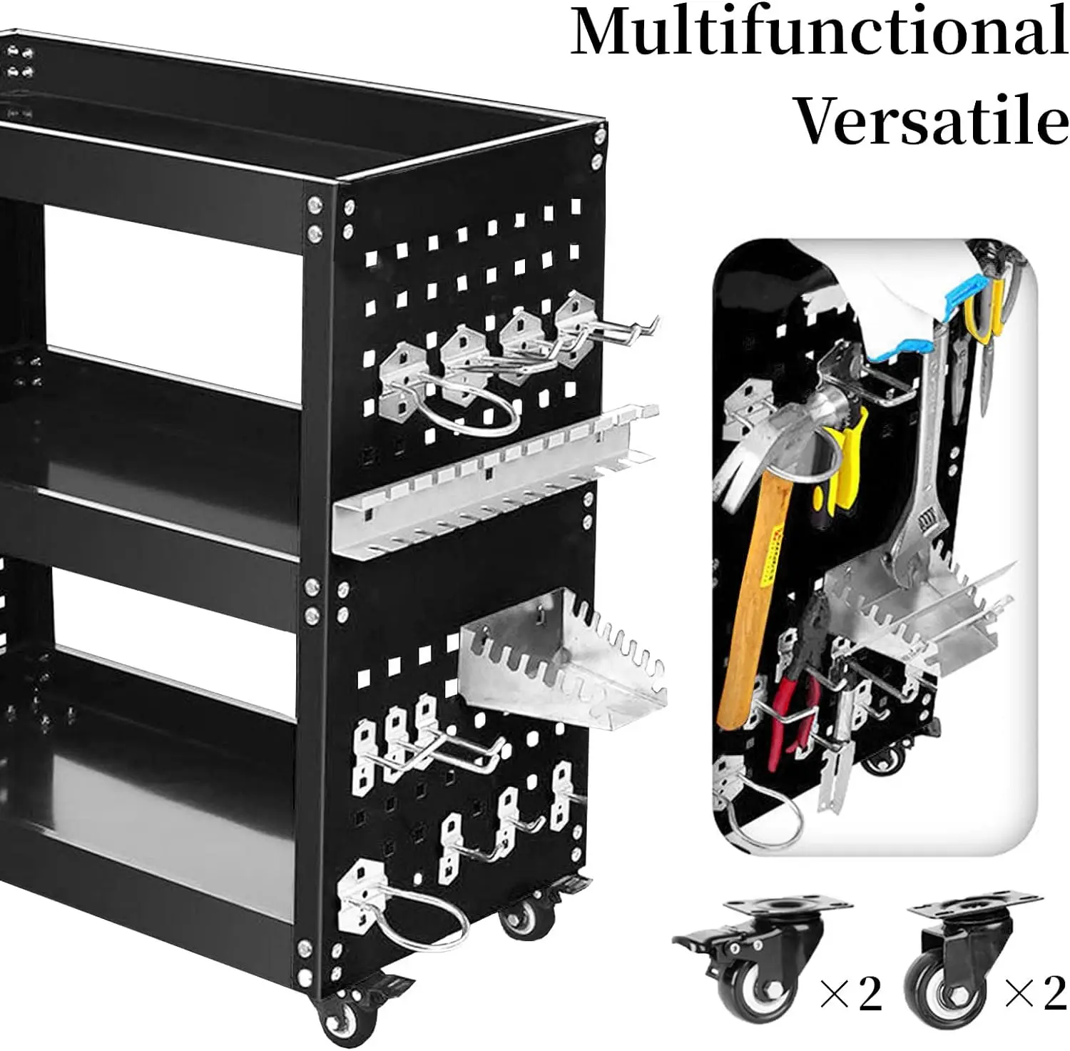 JH-Mech Rolling Tool Cart with Side Pegboard Kit and Lockable System 300lbs Load Capacity 3 Tier Heavy Duty Tool Storage Cart