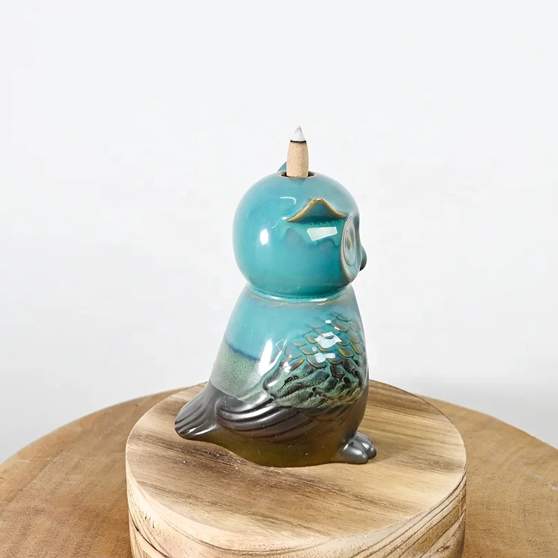 Blue glaze Owl style sculpture design incense cones waterfall Smoke Back Flow Ceramic Backflow Incense Burner