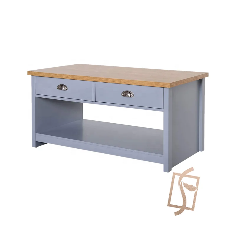 Classic  Living Room Gray Color Wooden Coffee Table with 4 storage drawers 1 Shelf large square set