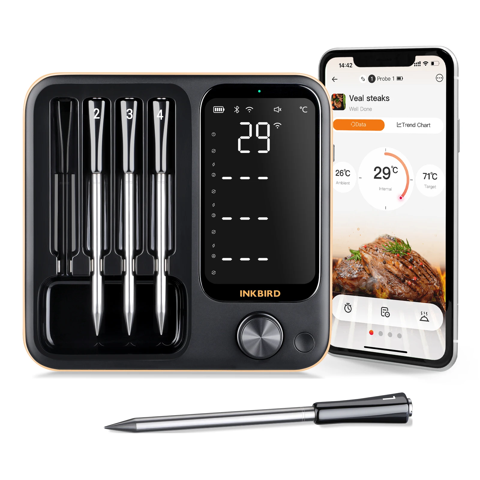 INKBIRD INT-14-BW трехрежимный беспроводной термометр для барбекю с 4 зондами гриля духовки