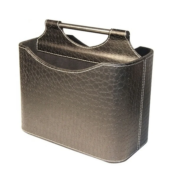 Magazine Basket Holder with Handle, Leather Storage Bin Organizer for Document, File, Newspaper Storage in Home or Office LG8069