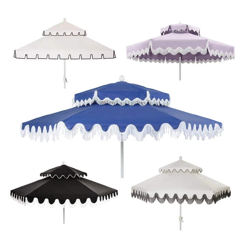 Factory Outdoor Crank & Tilt Fringe Patio Umbrella Hotel Market Bali Double Top Garden Parasols Beach Pool Umbrella With Tassels