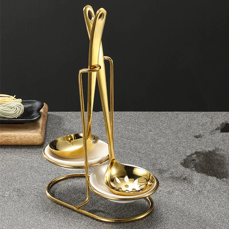 New Design Gold Stainless Steel Table Spoon Rack Metal Holder Silver Serving Kitchen Ladle Ceramic Spoon Rest