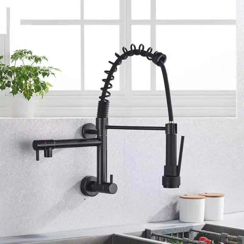 Chrome Kitchen Wall Mount Faucet Single Cold Water Free Rotation Pull Down Dual Spout Control waterfall wall faucet