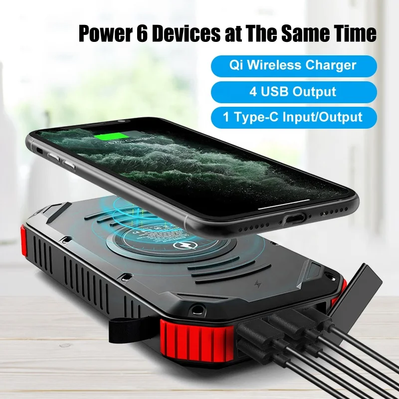 New 30000mah Solar Power Bank Waterproof Battery Charger 10W Wireless Power Bank with Solar Panel