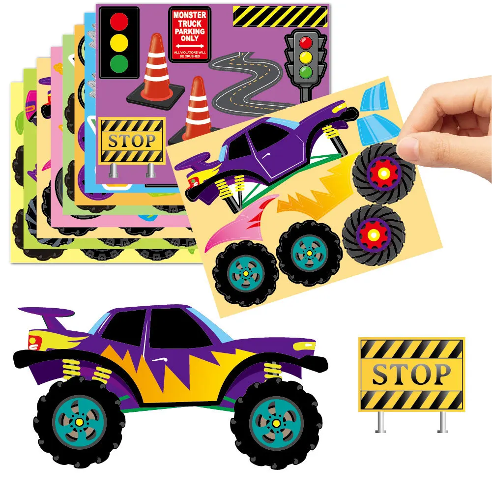 High quality puzzle stickers 24 puzzle kids car Monster ledger DIY funny monster truck stickers