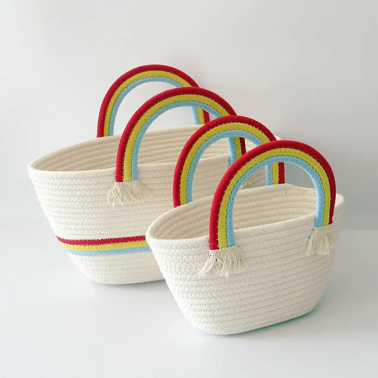 Wholesale Women Summer Beach Solid Color Stripes Pattern Rainbow Handle Straw Woven Handbags