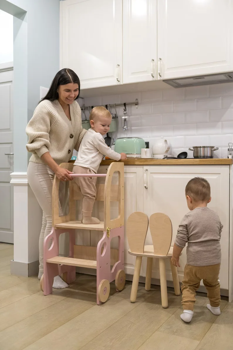 Kids Learning Tower Toddler Kitchen Stool Helper 2-in-1 Toddler Kitchen Step Stool