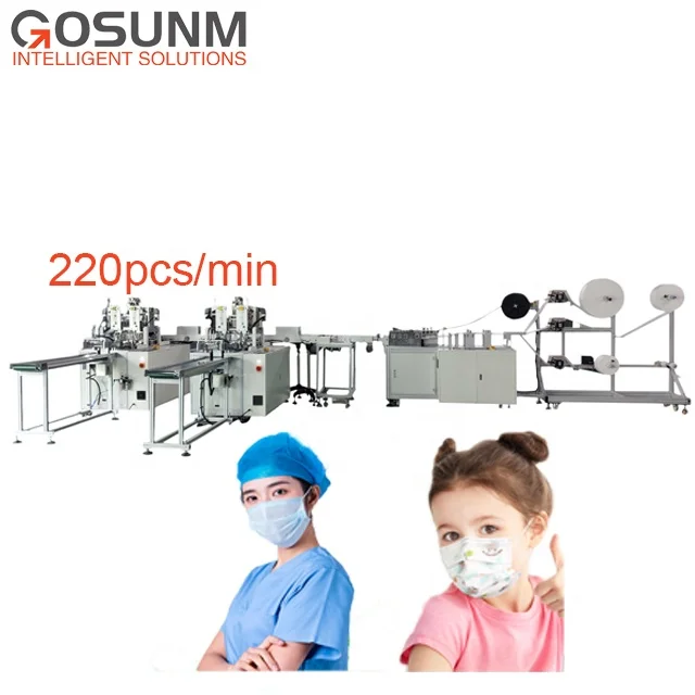 GOSUNM 200-220pcs per min 1+2 Flat Mask Production 3-Ply Machine high speed Full Automatic surgical mask making machine
