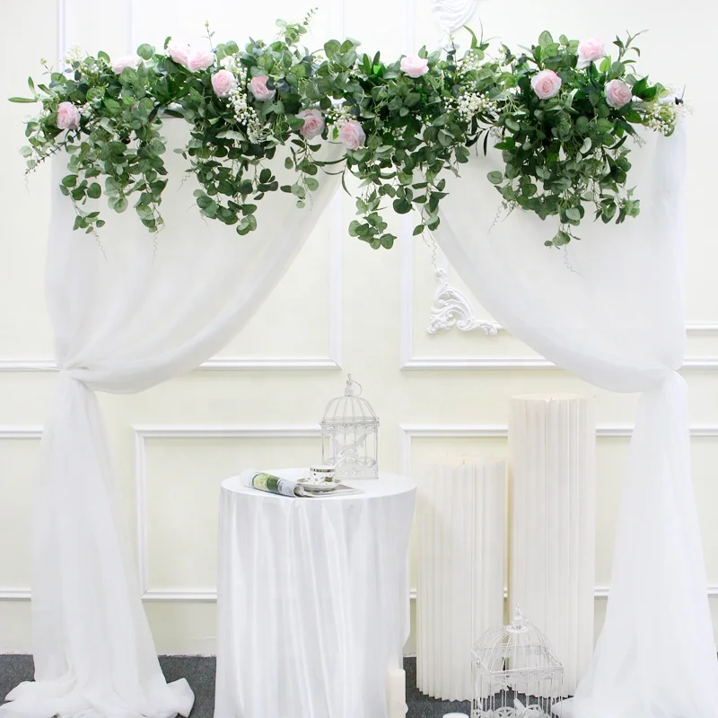 White Rose Eucalyptus Leaves Rattan Artificial Flower Row Hang Floral Wedding Arch Party Backdrop Decor Prop