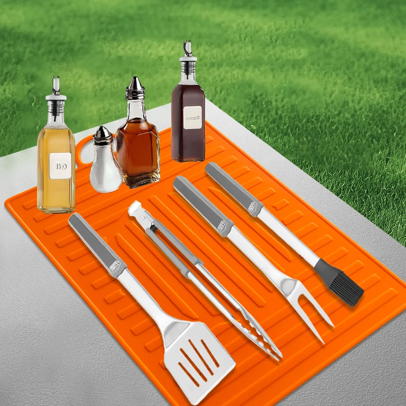 Heat Resistant Silicone Dish Drying Mat Side Cover Shelf Grill Pad Grill Utensil Holder BBQ Silicone Grill Mat Drain Pad