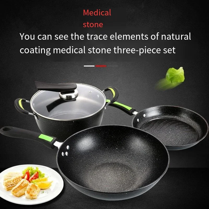 Hot selling three piece set of wheat rice stones non stick flat bottomed frying pan fried egg and meat boiling soup cookware set
