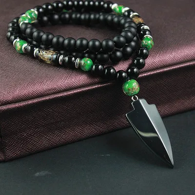 2021 Hot Sale Black Matte Stone Beads Green Glass Beads Necklace Energy Stone Magnetic Big Arrow Pendant Hematite Men Necklaces