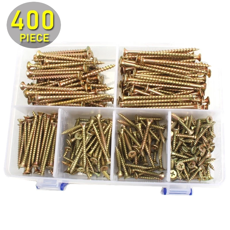 400pcs M4 Phillips Exterior Screw Assortment Kit 20-70mm Length Carbon Steel Zinc Cover Fasteners Flat Head Wood Screws