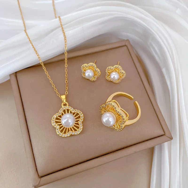 2024 New Arrived Plated 18K Real Gold Flower Pearl Necklace Earring Ring Married Wedding Jewelry Sets For Women Designer Luxury