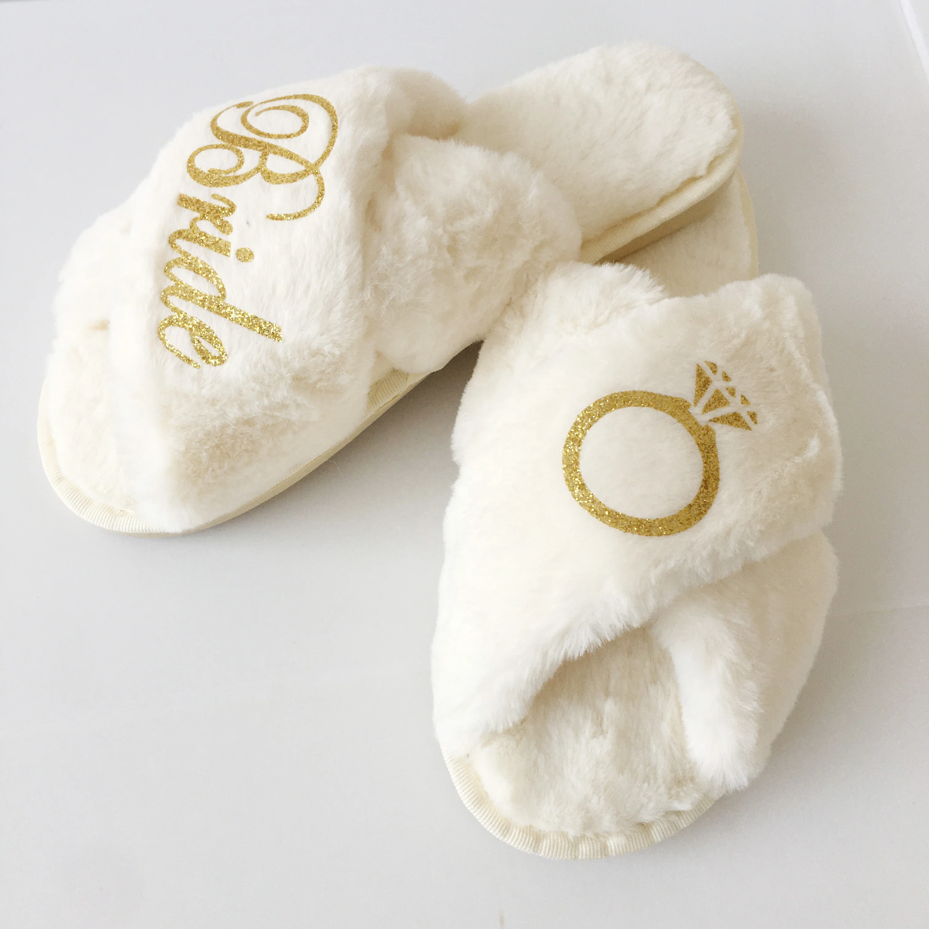 Customized Glitter Text  Plush Flurry Slippers For Wedding Bride Bridesmaid Proposal
