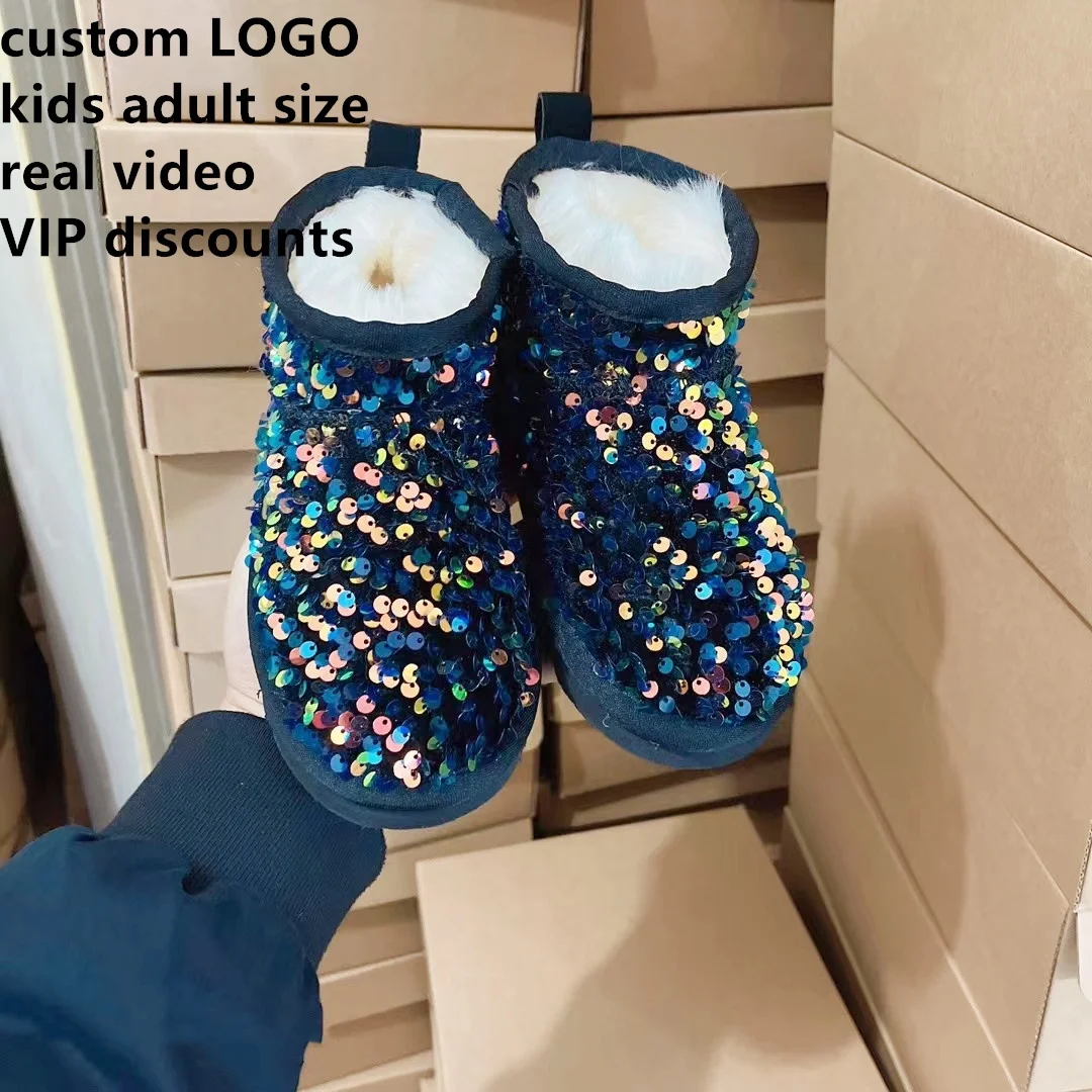 Dropshipping Custom brand logo Wholesale fashion ladies sheepskin kids women winter snow ribbon fur boots with bows