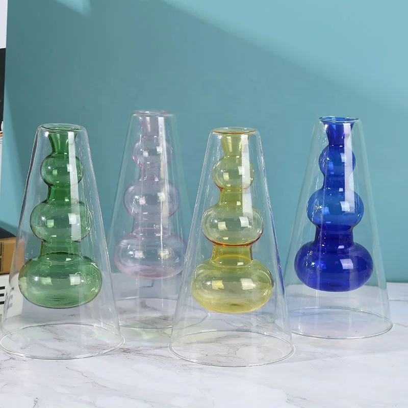 Blue nordic style pyramid shape transparent glass vase for wedding and home decor