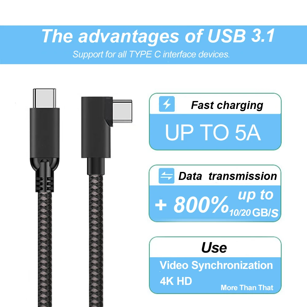 3.1 Gen1 5Gbps USB Type-C Cable 5M to Type A for Oculu Quest Link 3.0 Charging cable straight USB C to 90 degree USB C PD cable