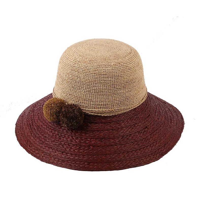 Brim Capeline Hat Premium Luxury Hand Crocheted Two Tone Contrast Color Raffia Straw Down Bucket Hat