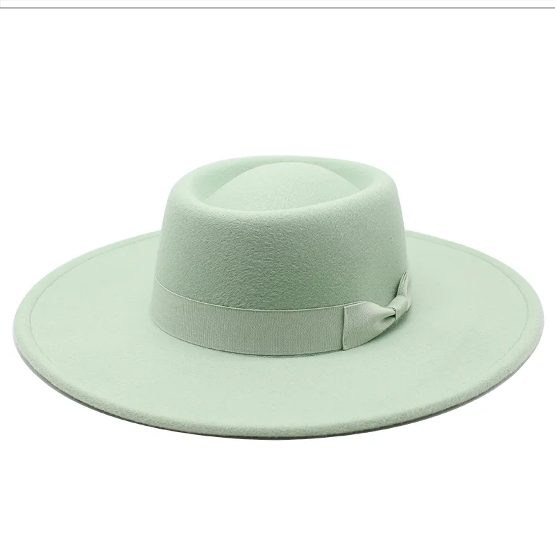 
2021 New 9.5 cm Wide Brim Plain Hat Women Wool Fedora Felt Hat with Bowknot 
