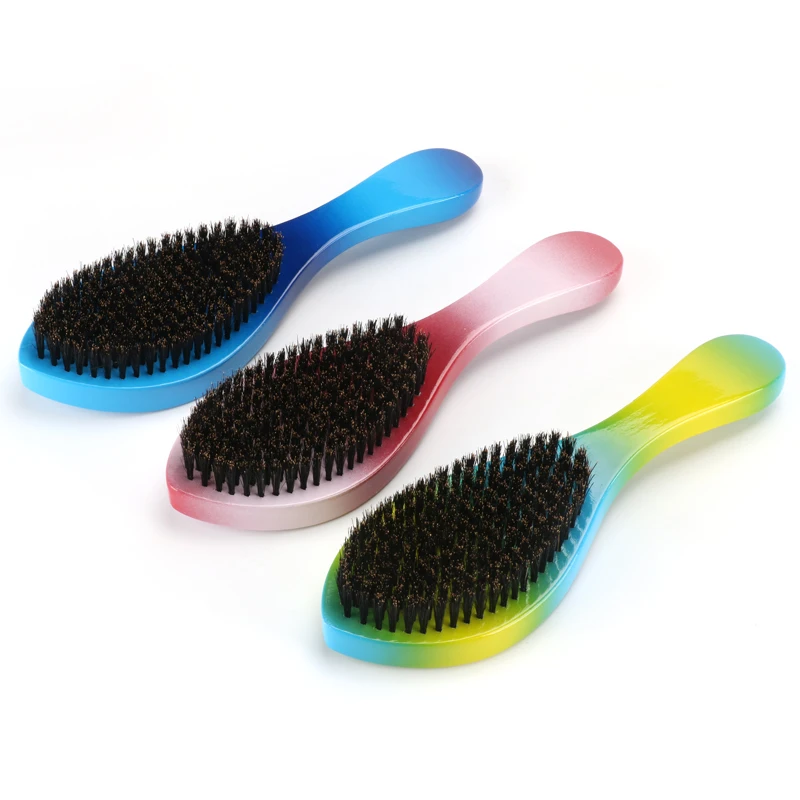 Custom New Design Gradients Handle Beard Brush Bright PU Paint Hair Brush Black Men 360 Curved Wave Brush