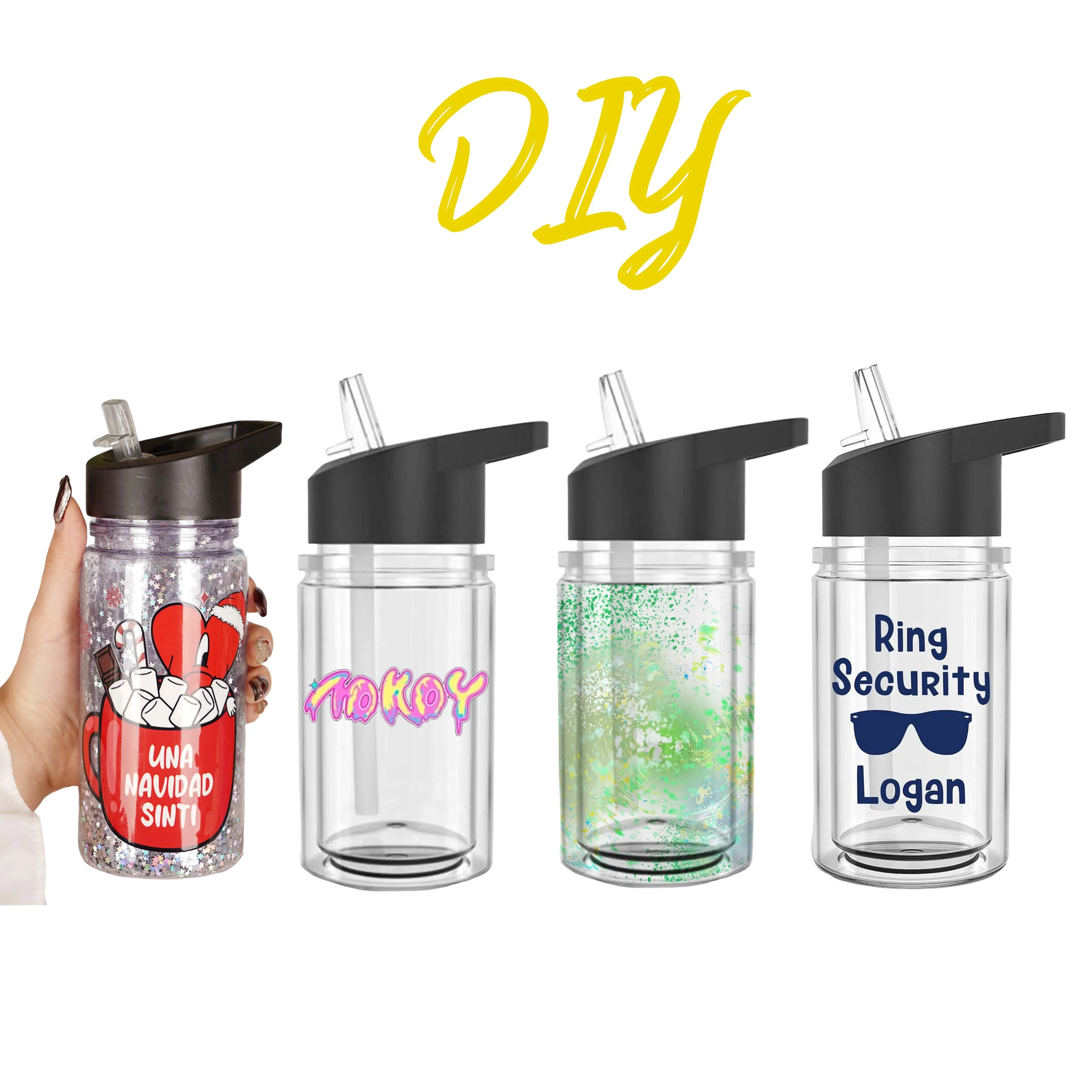 Usa 2 Days Delivery Diy Kids Tumbler Cups With Straw 10Oz Double Wall Custom Snow Globe Plastic Cups Pre Drilled