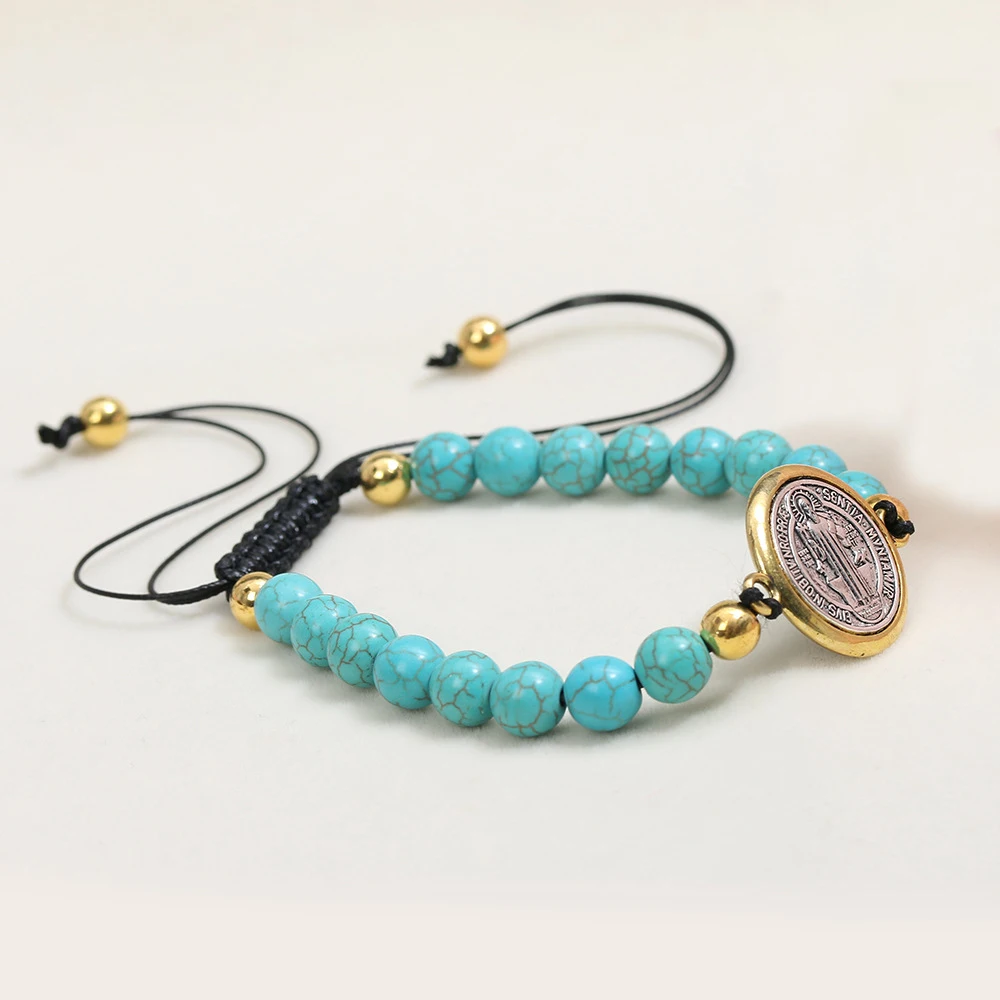 Zooying католический четки Святого Бенедикта круглые бирюзовые молитвенные бусины регулируемый браслет на веревке