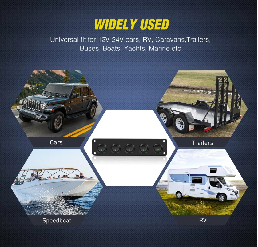 WattBons 5 Gang 3 Pin Rocker Switch Panel 20A Waterproof On Off 12V /24V Toggle Switch for Cars Trucks Boats