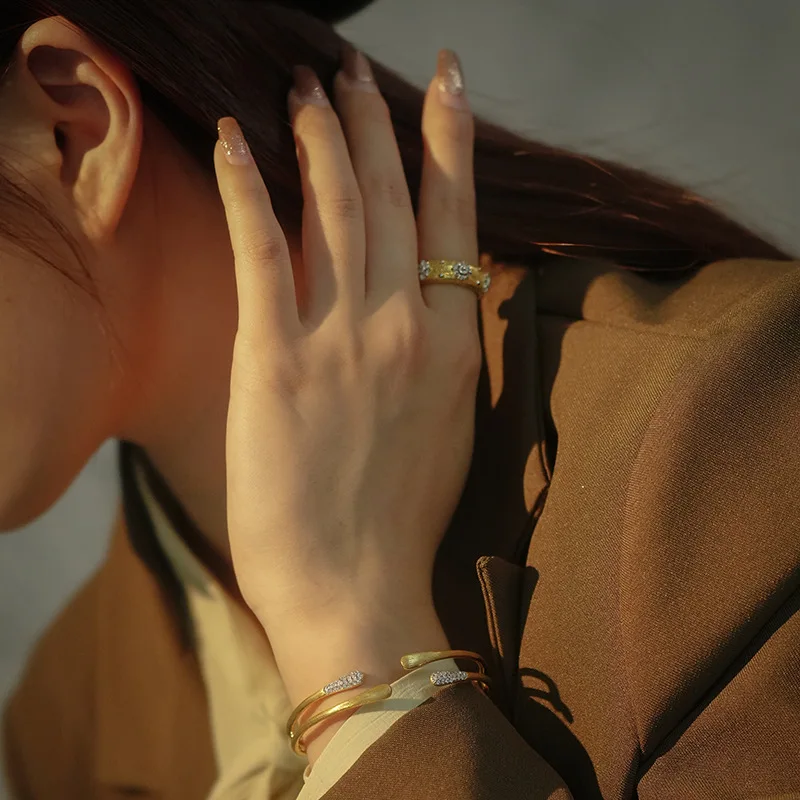 Fashion jewelry Italian craft 925 sterling silver ring 18k gold Insert Brush surface 5A Zircon Chunky Ring