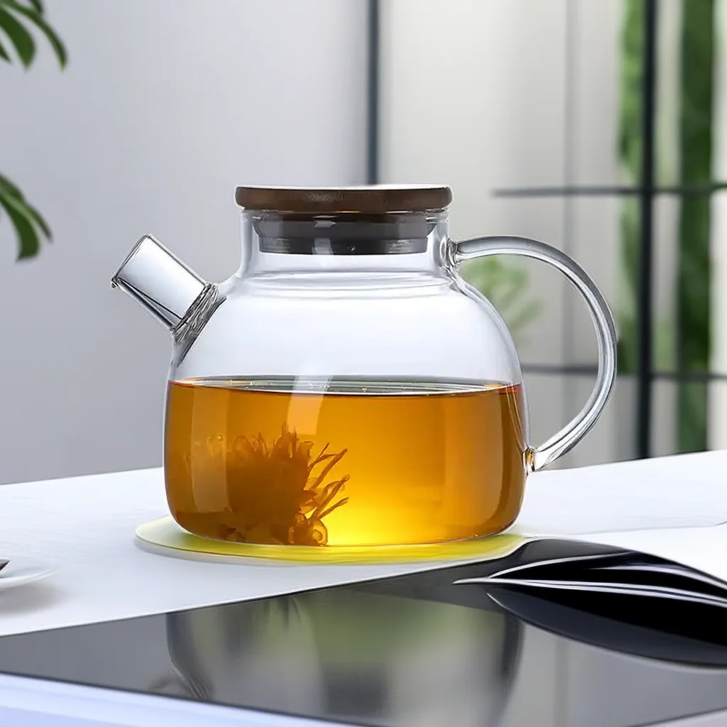 Hand-Blown coffee teapot bamboo lid spring infuser eco-friendly hot water 1L High Borosilicate Glass Teapot With Infuser
