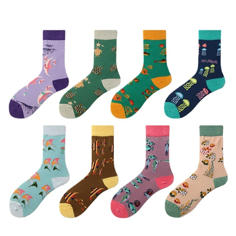 KTS European American Styles Sea Turtle Jellyfish Creatures Pure Cotton Women Men Character Holiday Colorful Fancy Happy Socks