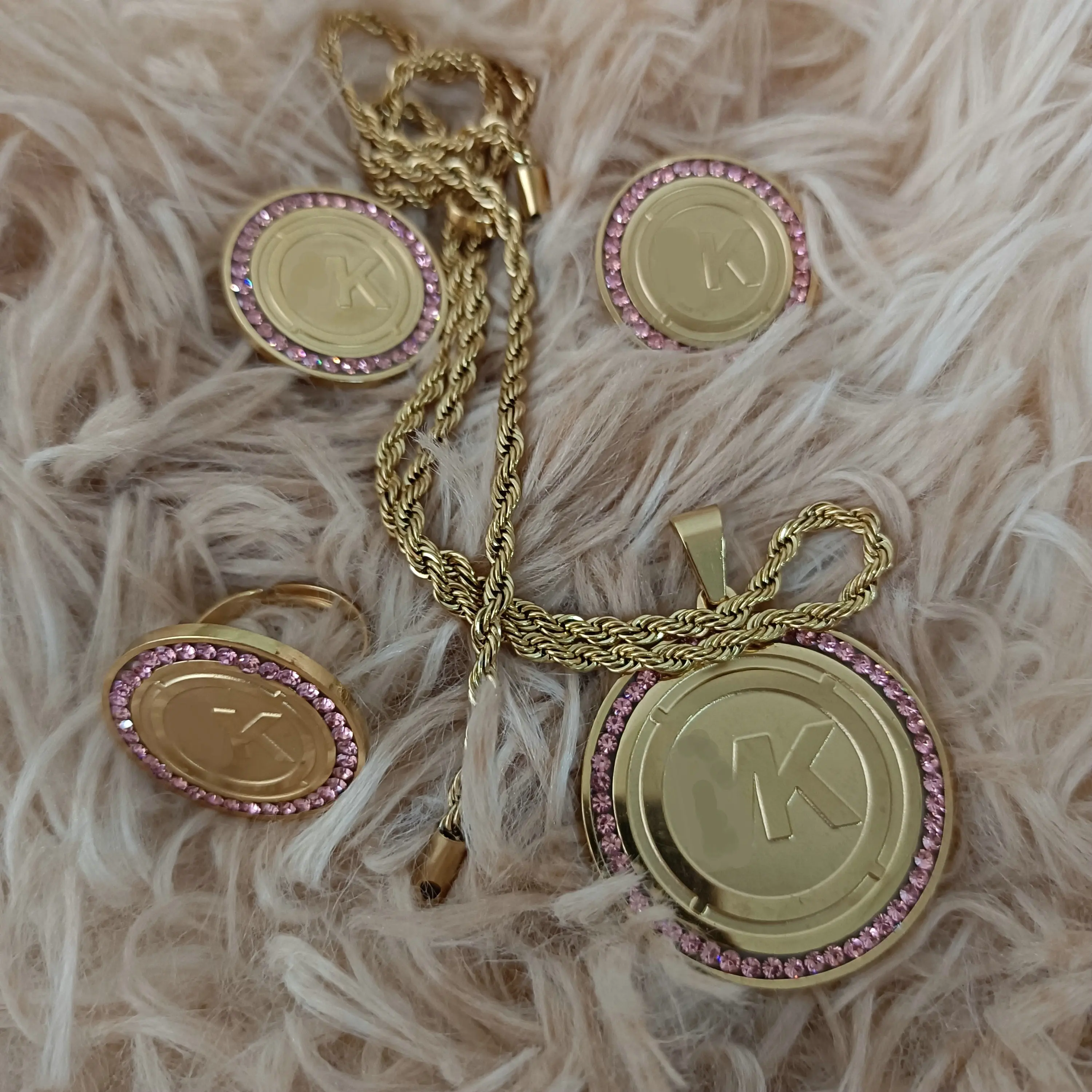 Stainless Steel Carved Vacuum Plated Brand Diamond Sets Including Necklaces, Rings, Earrings And Bracelets