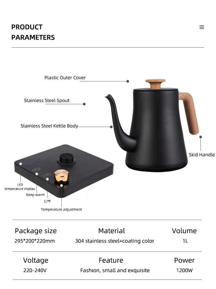 Electric Gooseneck kettle 1L stainless steel teapot Gooseneck pouring kettle
